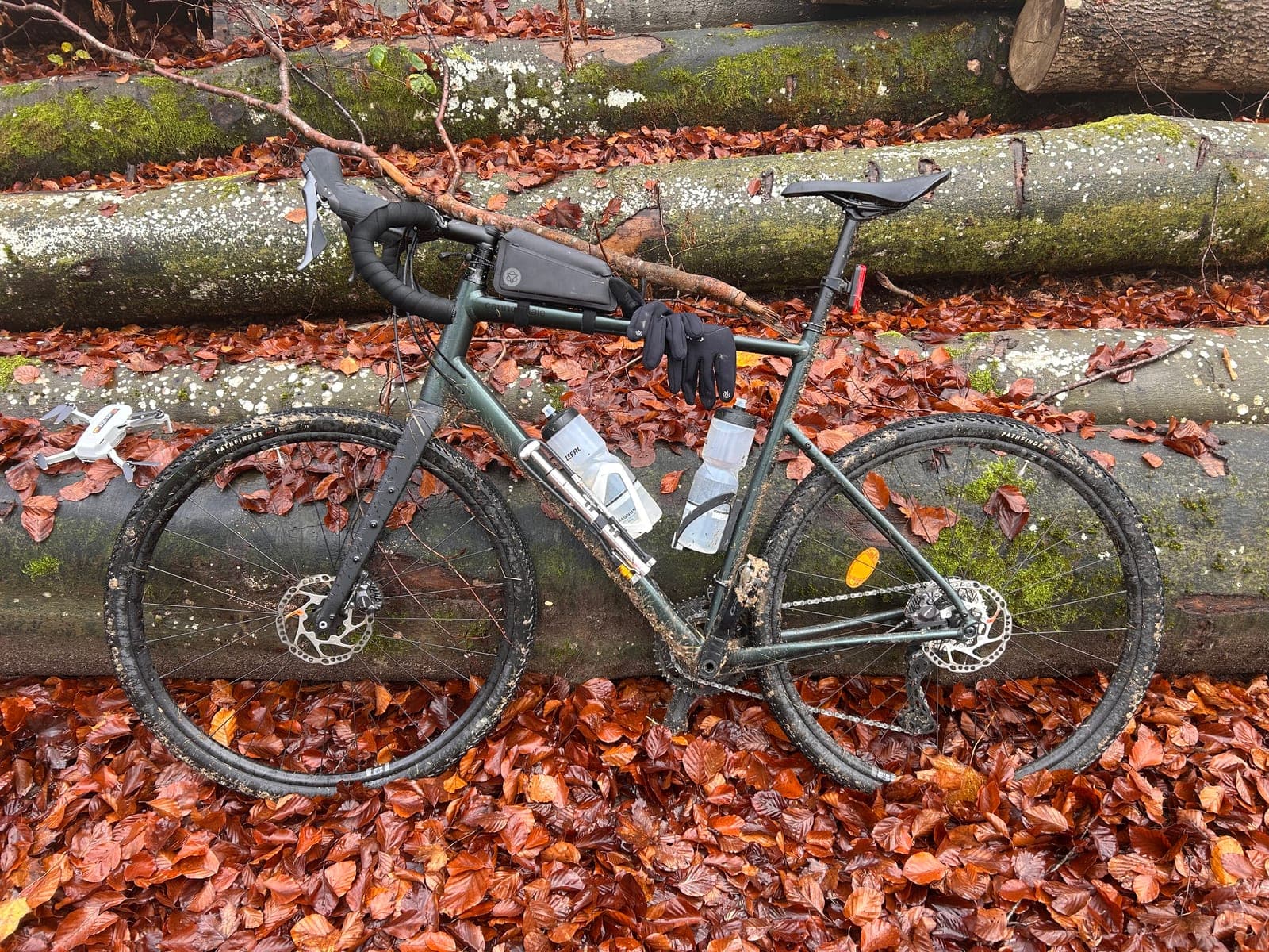 Gravelbike mit Handschuhen am Holzstapel im Herbstwald, rote Blätter, 2025.