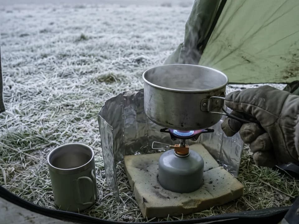 Ein Gaskocher im Windschatten eines Zeltvorbaus hinter einem Windschutz aus Folie, eine Hand im Handschuh hält den Topfgriff, daneben ein Becher, draußen Raureif auf dem Gras