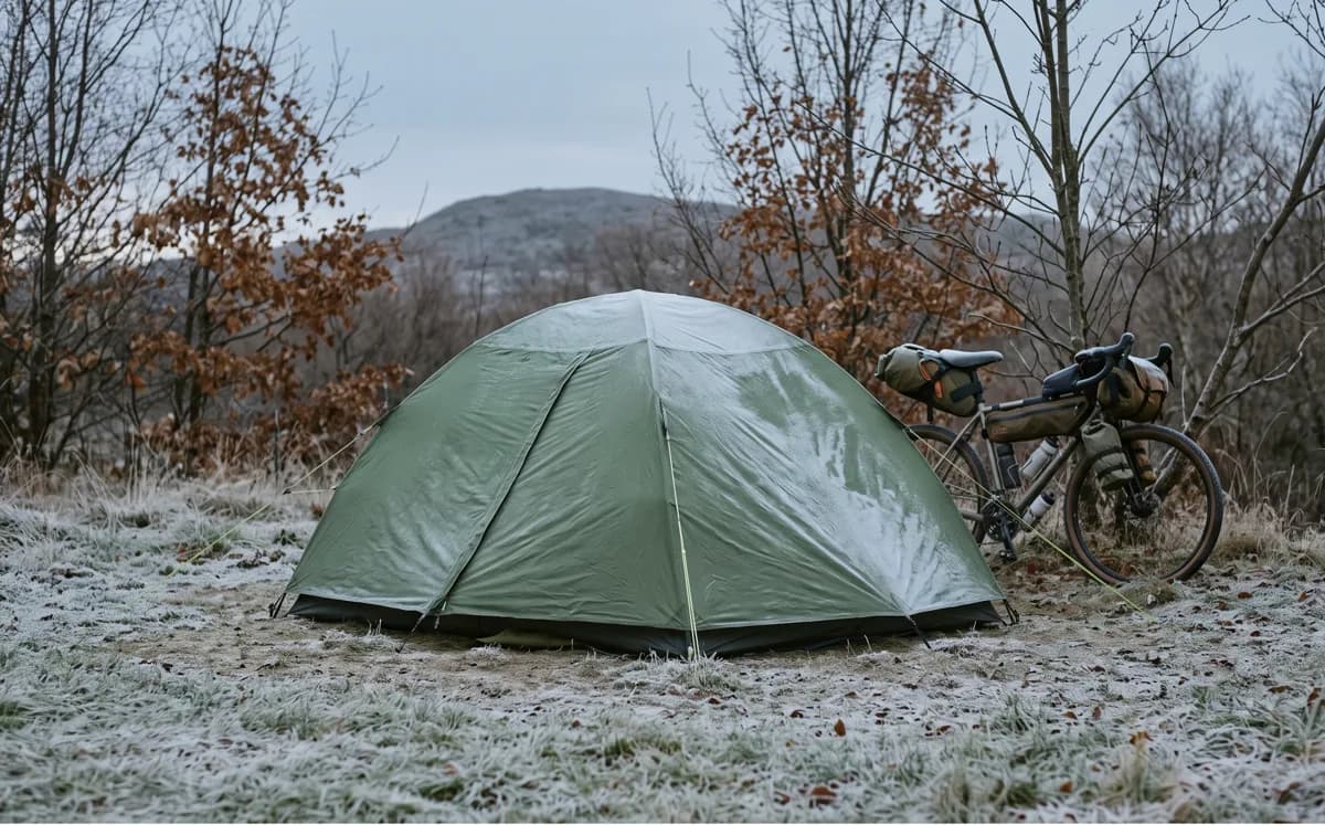Ein grünes Zelt mit Raureif auf dem Überzelt auf gefrorenem Gras, dahinter kahle Büsche mit braunem Laub, rechts daneben ein bepacktes Gravelbike
