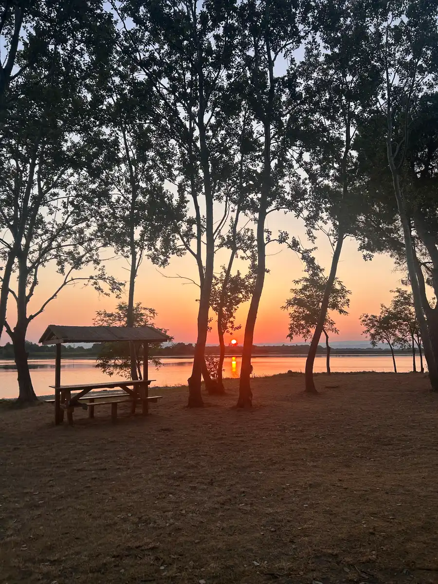 Sonnenaufgang über der Lagune, davor hohe Bäume und ein überdachter Picknicktisch