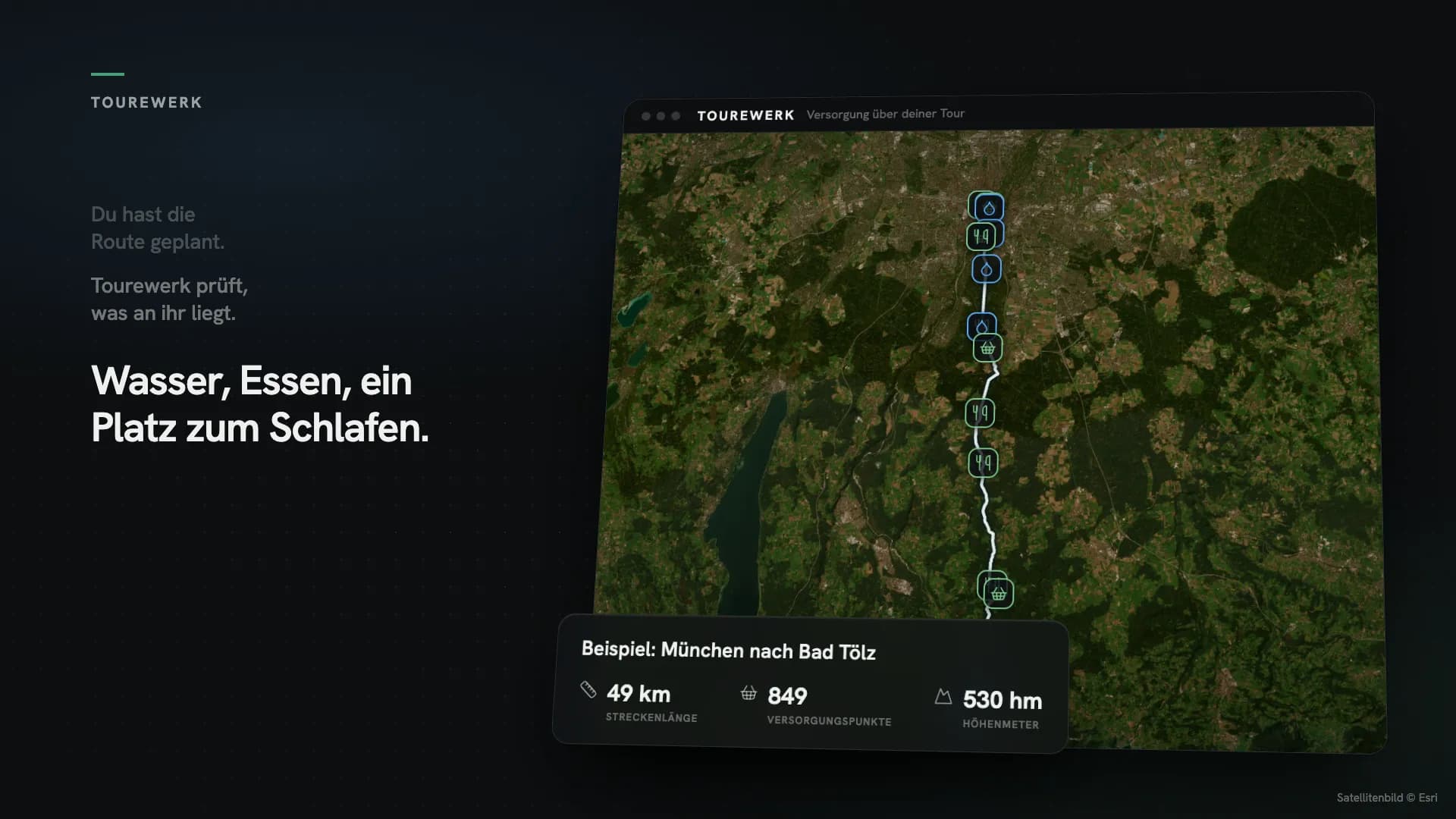 Tourewerk mit der Beispielroute München nach Bad Tölz: die Route auf der Satellitenkarte mit Wasserstellen und Läden, darunter Streckenlänge, Versorgungspunkte und Höhenmeter