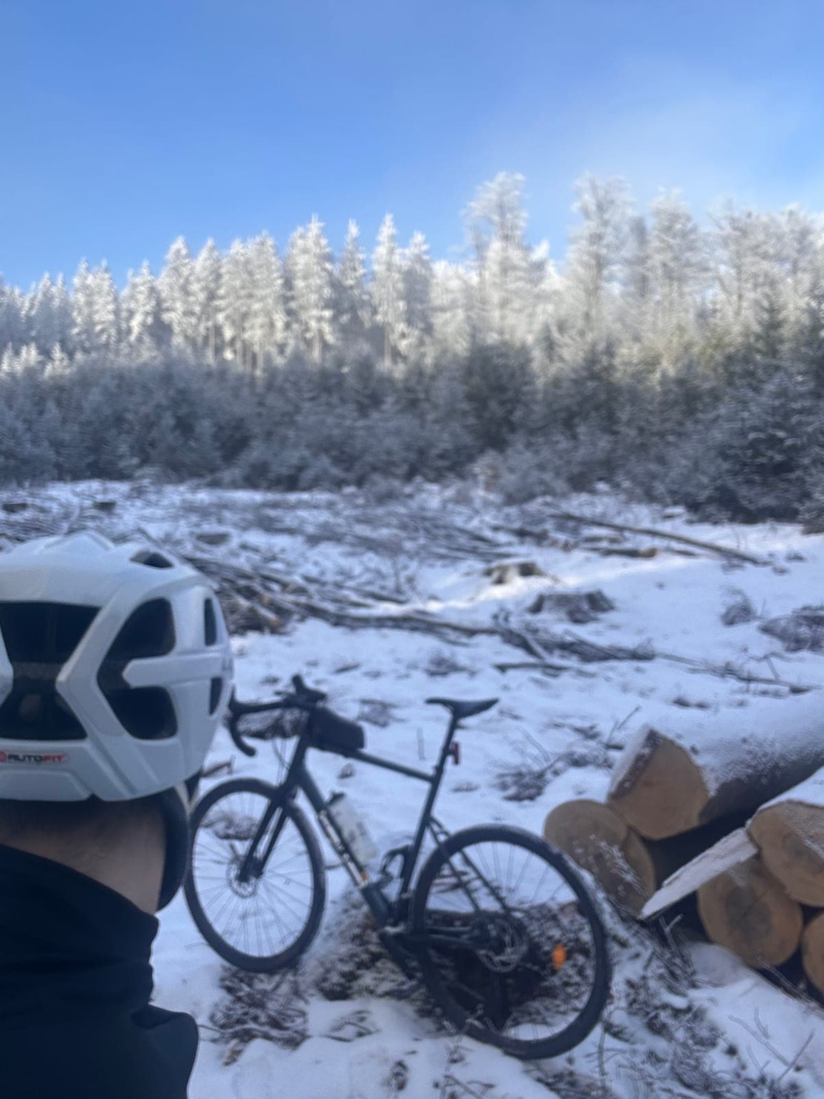 Blick aufs eigene Gravelbike im Winterwald, Tour 2025.