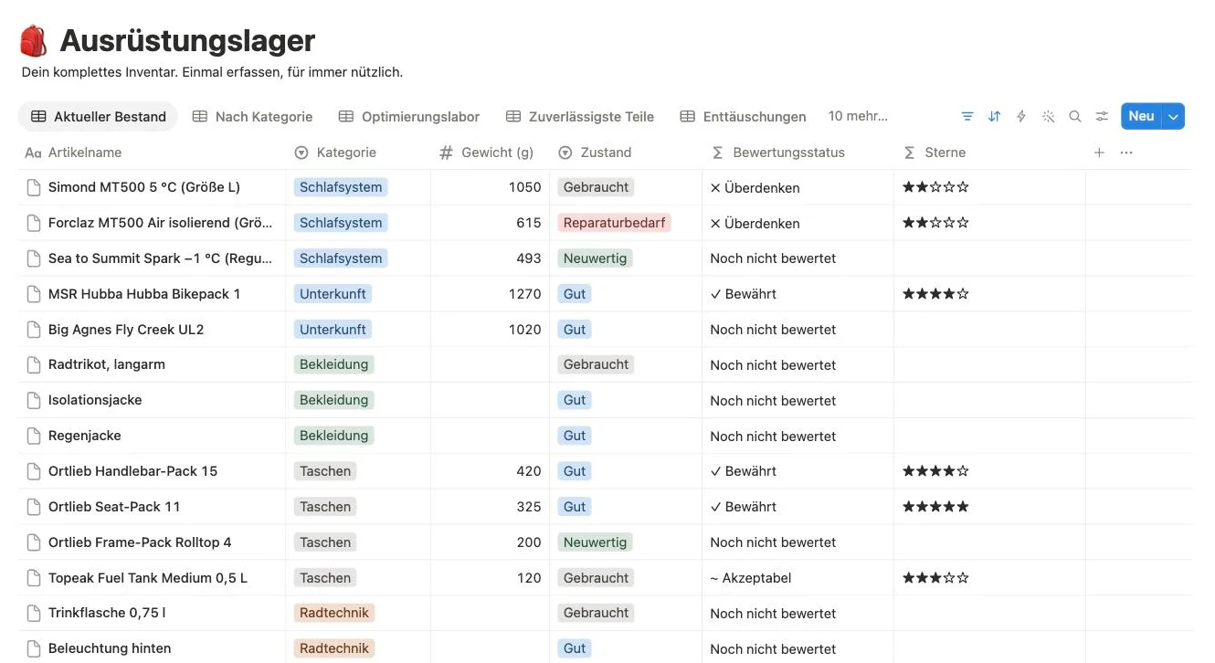 Notion-Tabelle Ausrüstungslager, Ansicht Aktueller Bestand, mit Spalten Artikelname, Kategorie, Gewicht, Zustand, Bewertungsstatus und Sternen