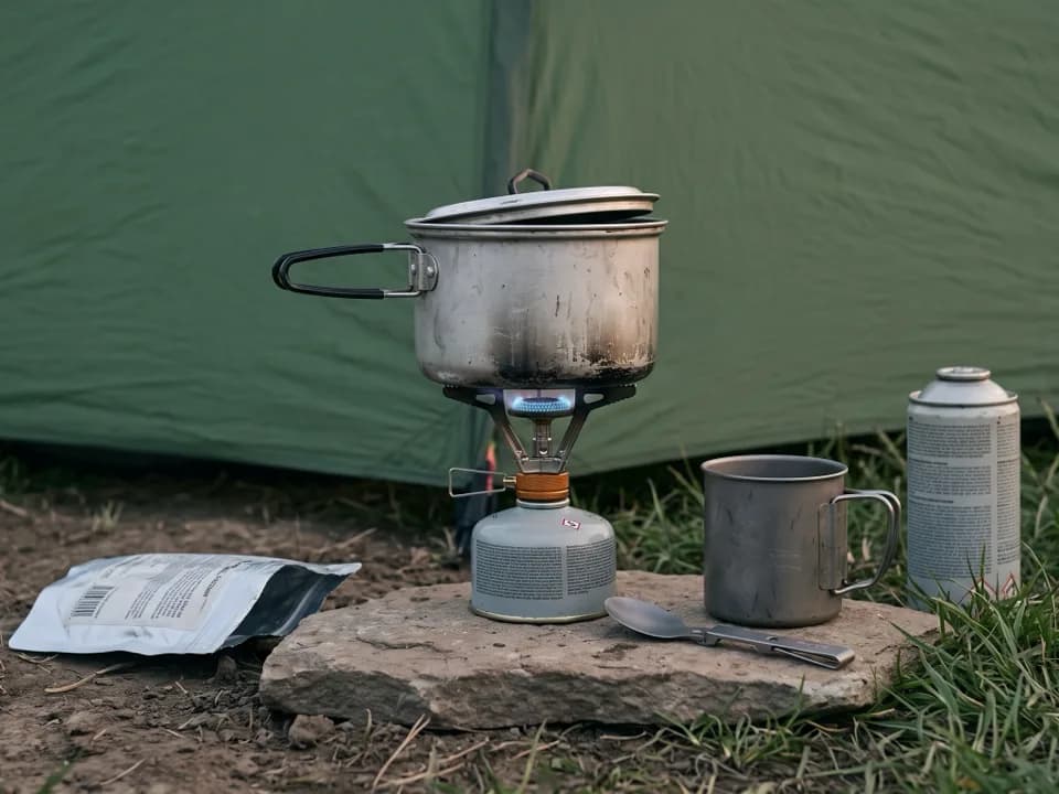 Ein Gaskocher auf einem flachen Stein vor einem grünen Zelt, darauf ein angerußter Topf, daneben ein Titanbecher, ein Klapplöffel und eine Gaskartusche