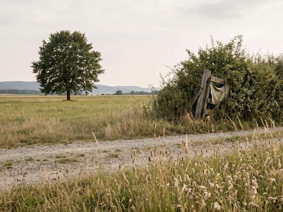 Ein Schotterweg quert eine Sommerwiese und läuft rechts hinter eine überwachsene Hecke mit einem schiefen Holztor, links steht ein einzelner Laubbaum, davor hohes Samengras
