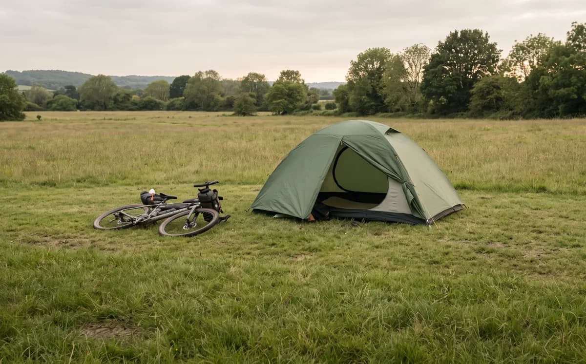 Ein grünes Kuppelzelt auf einer abgemähten Wiese, der Eingang steht offen, links daneben liegt ein bepacktes Gravelbike im Gras, dahinter eine Baumreihe